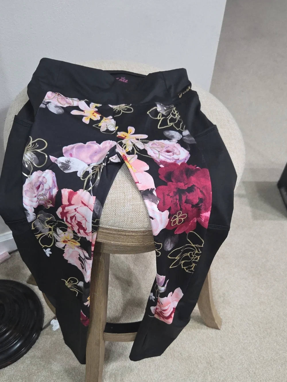 Justice Black Floral Leggings with Pink & Burgundy Flowers